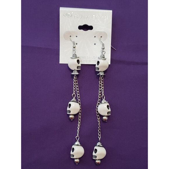 White Skull Long Dangle Tassel Halloween Bikercore Punkcore Rocker Goth Boho - Picture 1 of 5